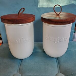 White Ceramic Coffee and Sugar Canister Set with Wooden Lids